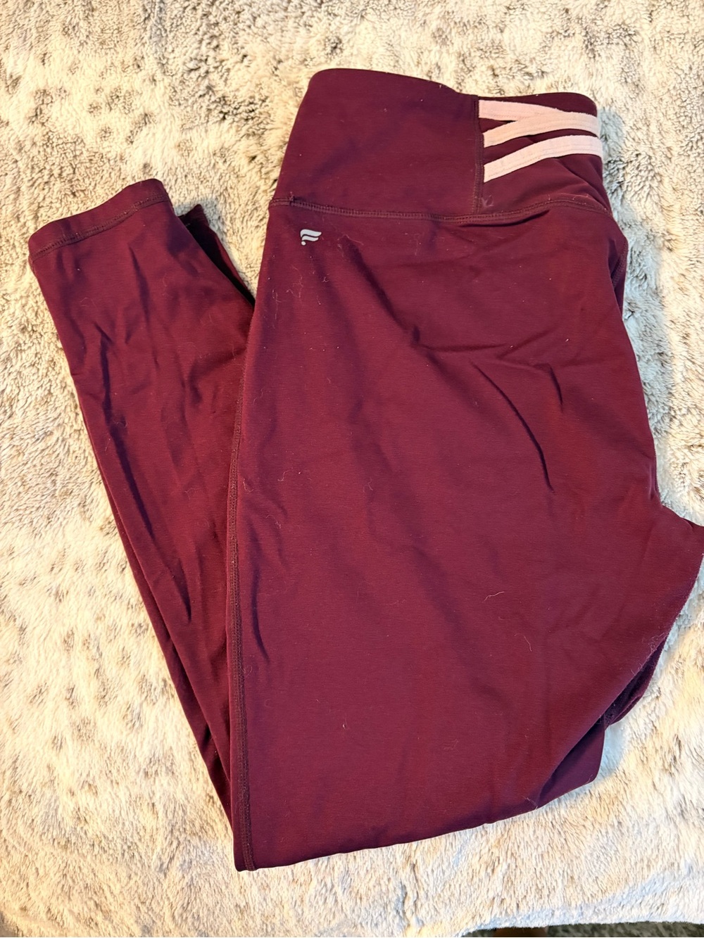 Fabletics Maroon Leggings with Light Pink Waist Stripes